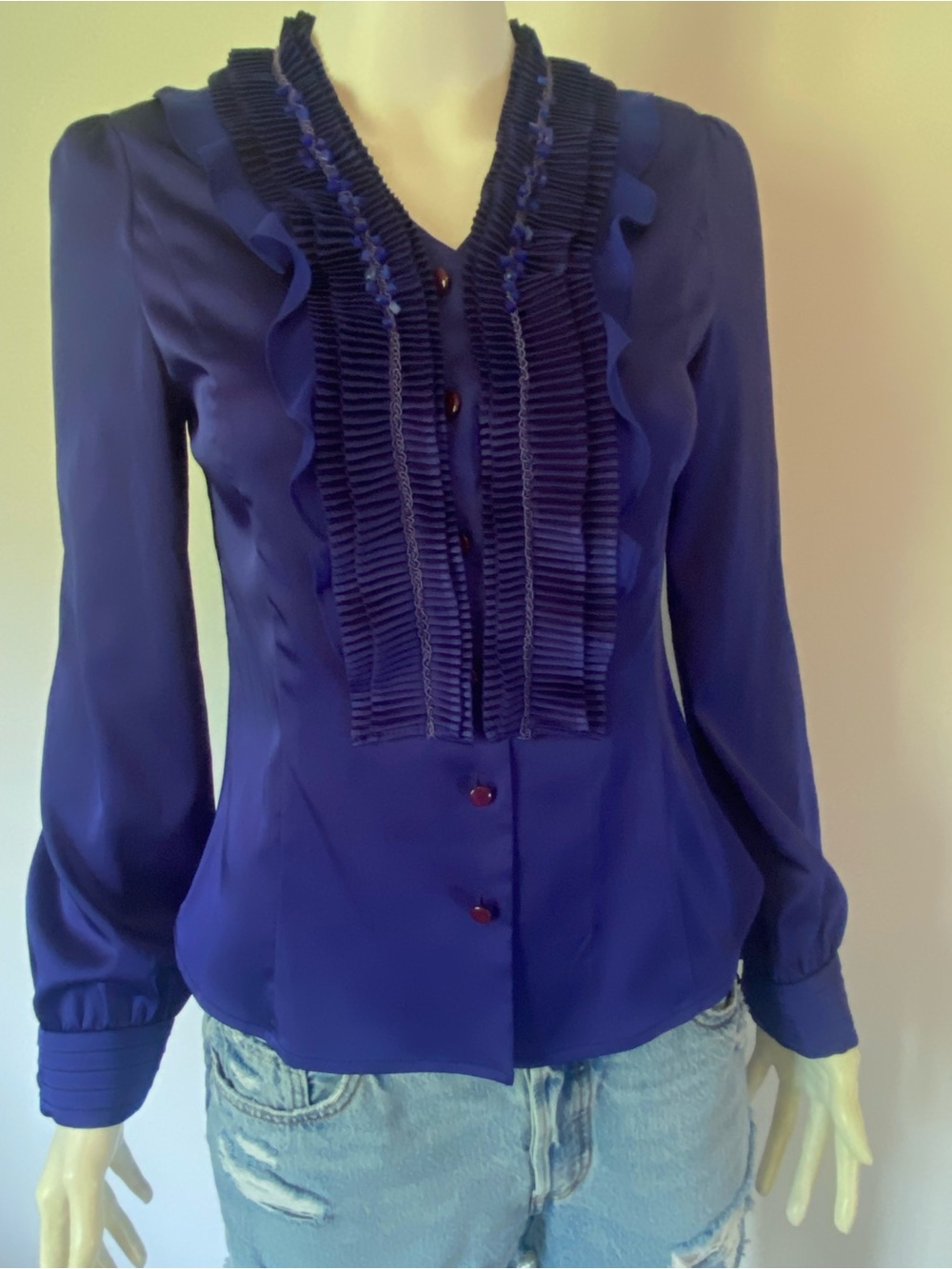 Women’s Royal Blue Ruffle-Front Button Blouse - Picture 2 of 13